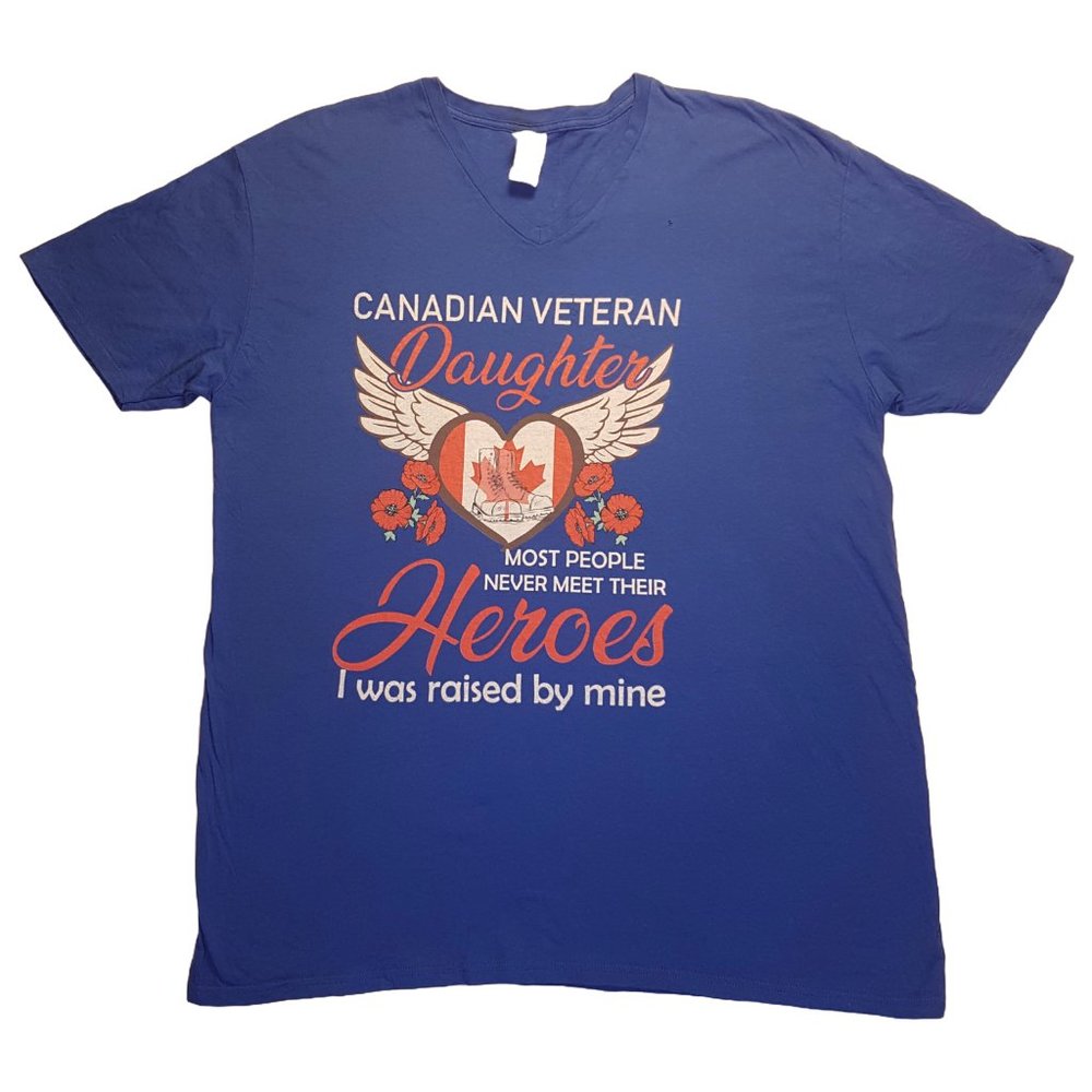 Graphic Tee Canadian Veteran Daughter 2XL V Neck Blue Statement Quote Military